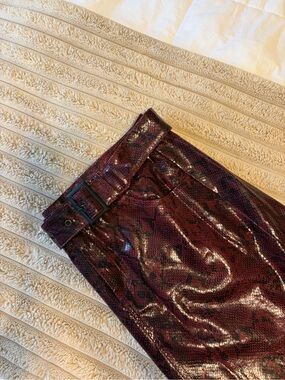 High-Shine Burgundy Snake-Print Pencil Skirt with Belt